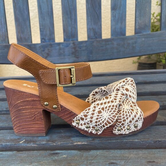 Korks-Ease Natalia Women’s Sandals 10 Brown Leather White Crochet Wooden Block H - Picture 7 of 13